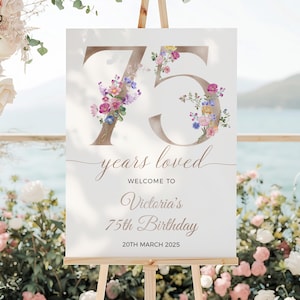 Spring 75th Birthday Welcome Sign, 75 years loved sign, Floral 75th Birthday, Photo Welcome Sign, Editable Template, Female 75th Birthday