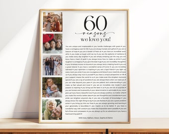 60 Reasons We Love You Printable, Photo 60th Birthday Sign, 60th Birthday Poster, Personalised Gift, Gift For Her or Him, 60 Things We Love