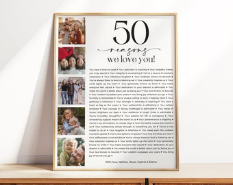 50 Reasons We Love You Printable, Photo 50th Birthday Sign, 50th Birthday Poster, Personalised Gift, Gift For Her or Him, 50 Things We Love