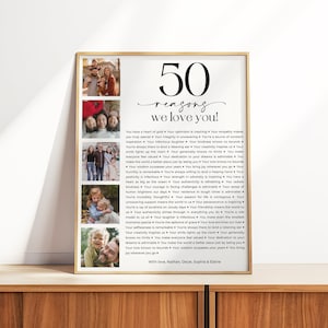 50 Gründe, warum wir dich lieben, Foto 50. Geburtstag Zeichen, 50. Geburtstag Poster, personalisiertes Geschenk, Geschenk für sie oder ihn, 50 Dinge, die wir lieben