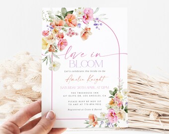Love In Bloom Bridal Shower Invitation, Spring Bright Bridal Shower Invite, Editable Floral Garden Bridal Invite, Hot Pink, Purple, BRI5