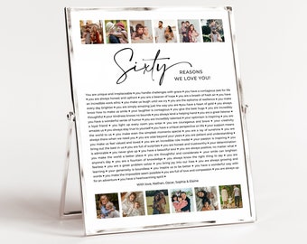 60 Reasons We Love You Printable, Photo 60th Birthday Sign, 60th Birthday Poster, Personalised Gift, Gift For Her or Him, 60 Things We Love