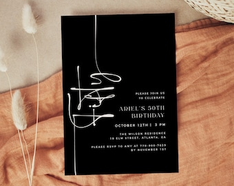 Plantilla de invitación de cumpleaños número 50 negra, invitación moderna de cumpleaños número 50, plantilla editable, invitación de cumpleaños de cualquier edad, invitación de cumpleaños masculina