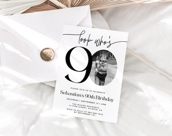 Male 90th Birthday Invitation Template, Look Who&#39;s 90, Photo 90th Birthday Invite, Editable Template, Any Age, Black and White 90th Birthday