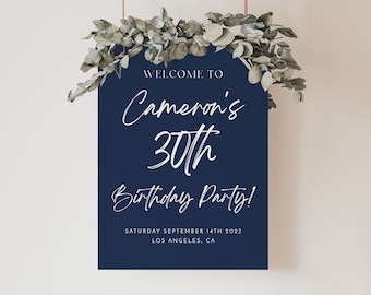 Navy 30th Birthday Welcome Sign, Dark Blue Birthday Welcome Template, Editable Template, Minimal Welcome Poster, Male Birthday Welcome Sign