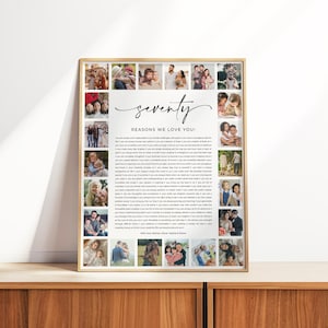 70 motivi per cui ti amiamo stampabile, cartello fotografico per il 70° compleanno, poster per il 70° compleanno, regalo personalizzato, regalo per lei o per lui, 70 cose che amiamo