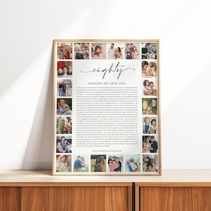 May include: A framed collage of photos with a handwritten message that reads "eighty reasons we love you!" The message is surrounded by a grid of 25 photos of a family.