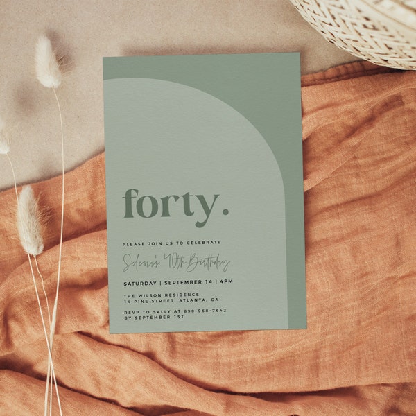 Minimalist Birthday Invitation Template, Sage 40th Birthday Invite, Editable Template, Modern Arch Birthday Invite, Green Birthday Invite