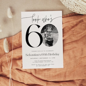 Male 60th Birthday Invitation Template, Look Who's 60, Photo 60th Birthday Invite, Editable Template, Any Age, Black and White 60th Birthday