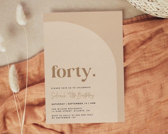 Minimalist Birthday Invitation Template, Beige 40th Birthday Invite, Editable Template, Modern Arch Birthday Invite, Neutral Birthday Invite