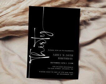 Può includere: Un invito in bianco e nero con il testo "Thirty" in un carattere corsivo. L'invito è per il 30° compleanno di Ariel, il 12 ottobre alle 15:00 presso la Wilson Residence, 18 Elm Street, Atlanta, GA. Si prega di confermare la propria presenza ad Amy al 770-908-7639 entro il 1° novembre.