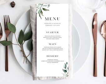 Greenery Wedding Menu Printable, Editable Template, DIY Wedding Menu, Greenery Menu Card, Modern Wedding Dinner Menu Card