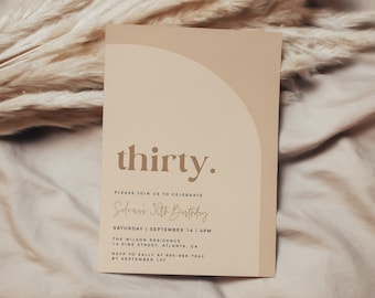 Minimalist Birthday Invitation Template, Beige 30th Birthday Invite, Editable Template, Modern Arch Birthday Invite, Neutral Birthday Invite