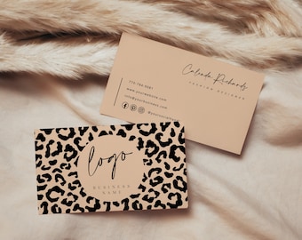 Leopard Business Card Template, Boho Business Card Design, Editable Template, Chic Business Card, Feminine Business Card Printable