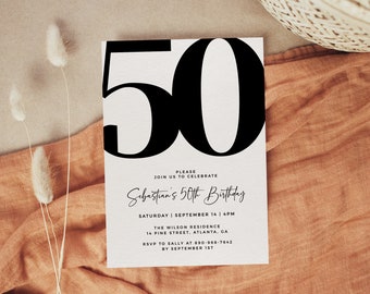 Plantilla moderna de invitación de cumpleaños número 50, invitación audaz de cumpleaños número 50, plantilla editable, invitación de cumpleaños de cualquier edad, invitación de cumpleaños masculina