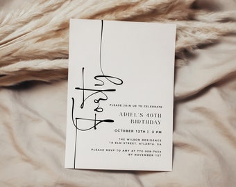 Plantilla moderna de invitación de cumpleaños número 40, invitación mínima de cumpleaños número 40, plantilla editable, invitación de cumpleaños de cualquier edad, invitación de cumpleaños masculina
