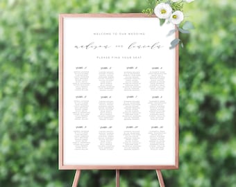 Plantilla de tabla de asientos imprimible, tabla de asientos de boda editable, encuentre el letrero de su boda de asiento, plan de asientos moderno, plan de asientos de caligrafía