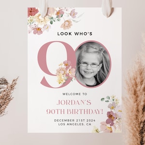 Look Who&#39;s 90 sign, Floral 90th Birthday Welcome Sign, 90th Welcome Sign, Editable Template, 90th Birthday Decorations, 90th For Women