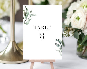 Greenery Wedding Table Numbers Template, Editable Table Numbers, DIY Wedding Table Numbers, Editable Template, Minimalist Table Number Card