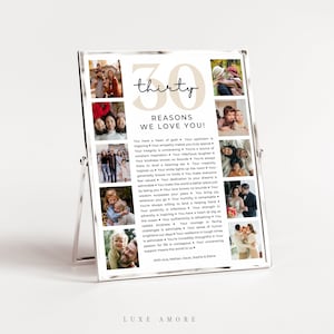 May include: A white and beige printable poster with a photo collage of a family. The poster has the text "thirty reasons we love you!" and a list of reasons why the family loves the person in the photos.