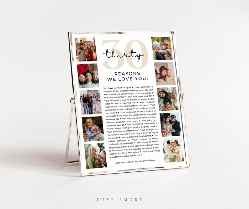 May include: A white and beige printable poster with a photo collage of a family. The poster has the text "thirty reasons we love you!" and a list of reasons why the family loves the person in the photos.
