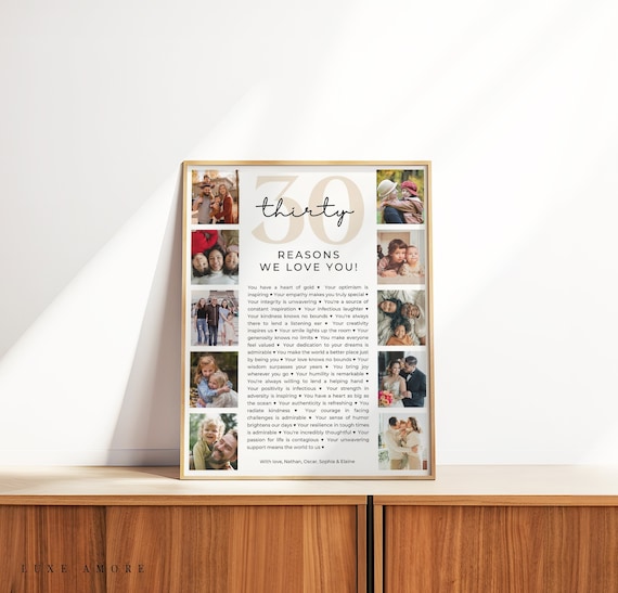 30 Reasons We Love You Printable, Custom Photo Collage, 30th Birthday Gift, 30th Anniversary, 30 Things We Love Poster, Editable Template