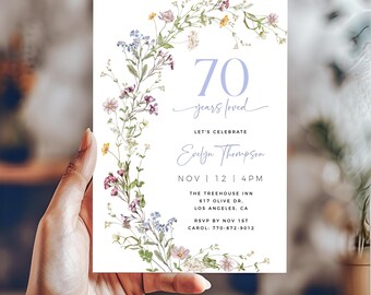 Wildflower Birthday Invitation Template, Spring 70th Birthday, Editable 70th Birthday Invite, Garden Birthday Party, 70 Years Loved, Floral