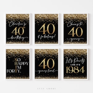 Decoraciones para el 40 cumpleaños en negro y dorado, letreros para el 40 cumpleaños, plantilla editable, fiesta del 40 cumpleaños, saludos por los 40, para hombres, 40 cumpleaños masculino