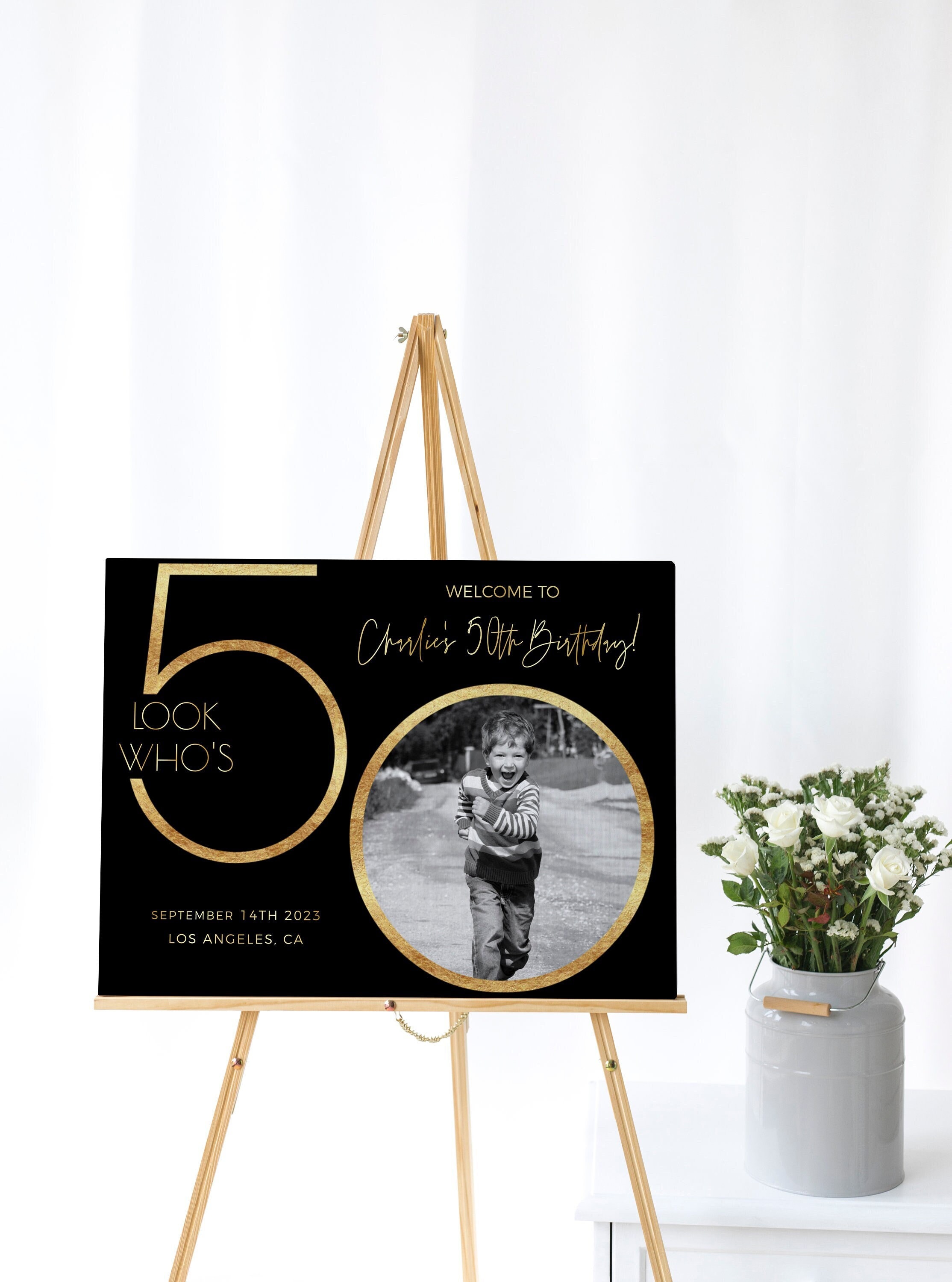 Male 50th Birthday Welcome Sign, Black and Gold Welcome Template, Look Who's 50, Editable Welcome Poster, Photo Birthday Welcome Sign