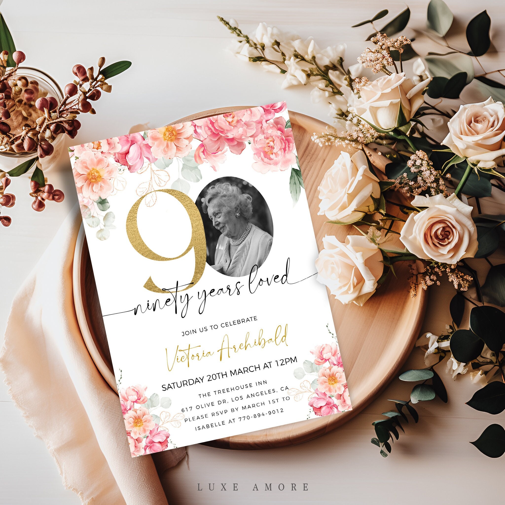 Floral 90th Birthday Invitation Template, 90 Years Loved Invitation, Pink and Gold, Photo 90th Invitation For Women, Editable Template