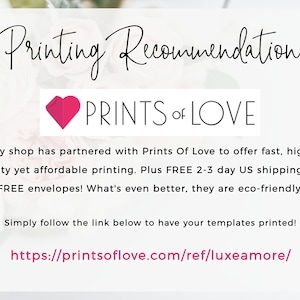 May include: Image with the text "Printing Recommendation" and the Prints of Love logo. The text below states the shop has partnered with Prints of Love for printing services. A URL is provided for more information.