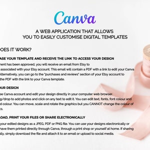 May include: Image with the Canva logo and text explaining how to customize digital templates. A spool of ribbon and a length of pink ribbon are in the upper right corner. The text explains how to purchase, edit, and download designs.