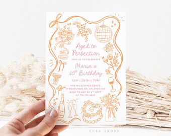 60th Birthday Party Invitation Template, Hand Drawn 60th Invite, Trendy 60th Invitation, 60th Birthday Party, Bow invitation, Canva Template