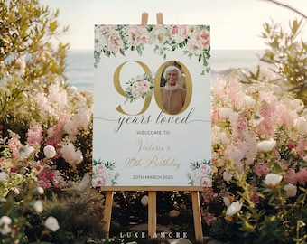 90 years loved sign, Floral 90th Birthday Welcome Sign, Welcome Sign with Photo, Editable Template, 90th Birthday Decorations For Women