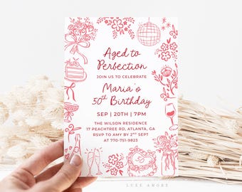 May include: A white invitation card with red line art. The text reads "Aged to Perfection" and announces Maria's 50th birthday. Floral and celebratory illustrations surround the text, including a cake, champagne glasses, and a disco ball.