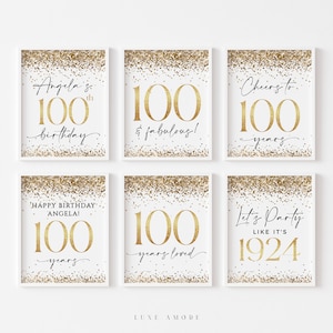 ゴールドの 100 歳の誕生日の飾り付け、100 歳の誕生日の看板、編集可能なテンプレート、100 歳の誕生日パーティーの飾り付け、100 歳に乾杯、100 歳と素晴らしい
