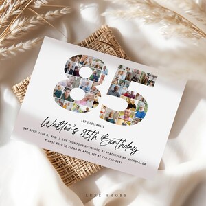 Könnte beinhalten: Weißer Hintergrund mit einer Fotocollage der Zahl 85. Der Text "Let's Celebrate Walter's 85th Birthday" befindet sich unter der Zahl. Der Text "Sat April 15th at 8pm | The Thompson Residence, 81 Peachtree Rd, Atlanta, GA" befindet sich unter dem Text. Der Text "Please RSVP to Elena by April 1st at 770-738-8291" befindet sich unter dem Text. Der Text "LUXE AMORE" befindet sich am unteren Rand der Seite.