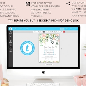 K&ouml;nnte beinhalten: Ein Computerbildschirm zeigt eine digitale Vorlage f&uuml;r eine Babyparty-Einladung. Die Einladung zeigt ein Aquarelldesign mit rosa Blumen und gr&uuml;nen Bl&auml;ttern. Der Text auf der Einladung lautet "Sweet Baby Girl" und enth&auml;lt einen Namen und ein Datum. Der Bildschirm zeigt auch einen blauen Kreis mit dem Buchstaben "T" in der Mitte, der anzeigt, dass die Vorlage vollst&auml;ndig editierbar ist.