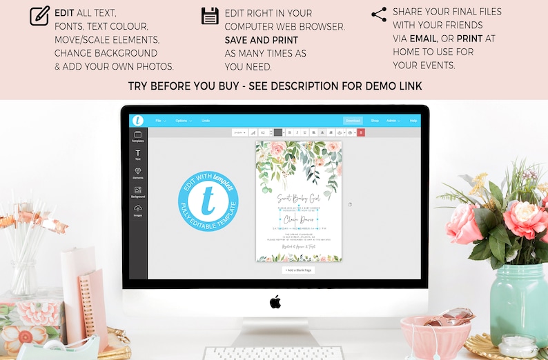 K&ouml;nnte beinhalten: Ein Computerbildschirm zeigt eine digitale Vorlage f&uuml;r eine Babyparty-Einladung. Die Einladung zeigt ein Aquarelldesign mit rosa Blumen und gr&uuml;nen Bl&auml;ttern. Der Text auf der Einladung lautet "Sweet Baby Girl" und enth&auml;lt einen Namen und ein Datum. Der Bildschirm zeigt auch einen blauen Kreis mit dem Buchstaben "T" in der Mitte, der anzeigt, dass die Vorlage vollst&auml;ndig editierbar ist.