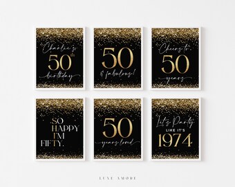 Black and Gold 50th Birthday Decorations, 50th Birthday Signs, Editable Template, 50th Birthday Party, Cheers to 50, For Men, Male 50th