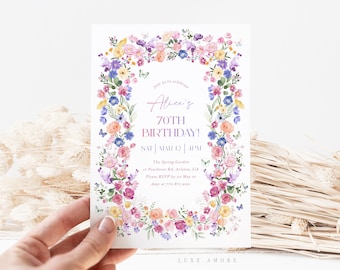 Spring 70th Birthday Invitation Template, Bright Flowers 70th Birthday Invite, Editable Template, Any Age Birthday Invite, Female Birthday