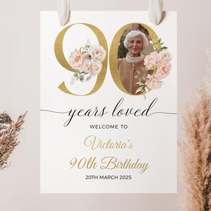 90 years loved sign, Floral 90th Birthday Welcome Sign, Welcome Sign with Photo, Editable Template, 90th Birthday Decorations For Women