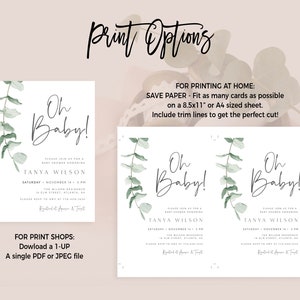 May include: Printable baby shower invitation featuring a eucalyptus design. The invitation reads "Oh Baby!" and includes the text "Please join us for a baby shower honouring Tanya Wilson, Saturday, November 14, 1 PM, The Wilson Residence, 12 Elm Street, Atlanta, GA. RSVP to Amy at [email protected]"