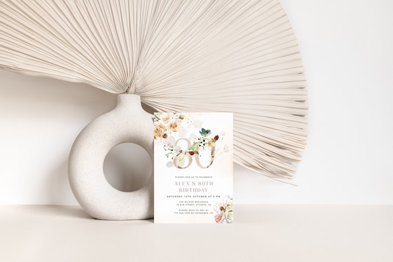 Floral 80th Birthday Invitation Template, Feminine 80th Birthday Invite, Editable Template, Any Age Birthday Invite, Female Birthday
