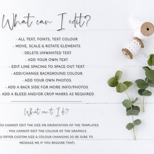 May include: White wooden background with text: "What can I edit?" and "What can't I do?" The text lists editing options. A spool of white ribbon and eucalyptus sprigs are in the top right corner.