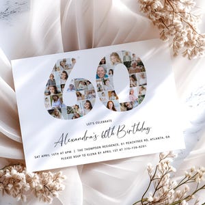 Photo 60th Birthday Invitation, 60th Birthday Photo Collage, 60th Birthday Invite, 60 number printable,  Editable Template, Canva Template