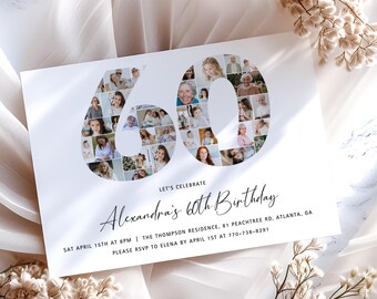 Photo 60th Birthday Invitation, 60th Birthday Photo Collage, 60th Birthday Invite, 60 number printable,  Editable Template, Canva Template