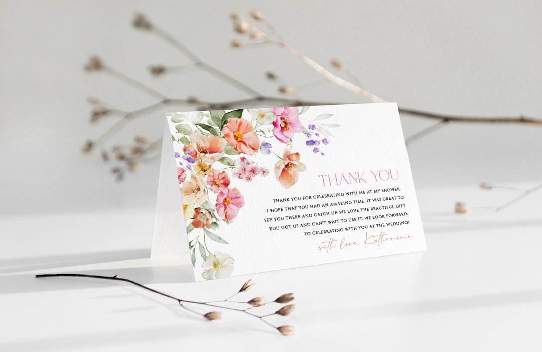 Bright Floral Thank You Card Template, Pink Bridal Shower Thank You ...