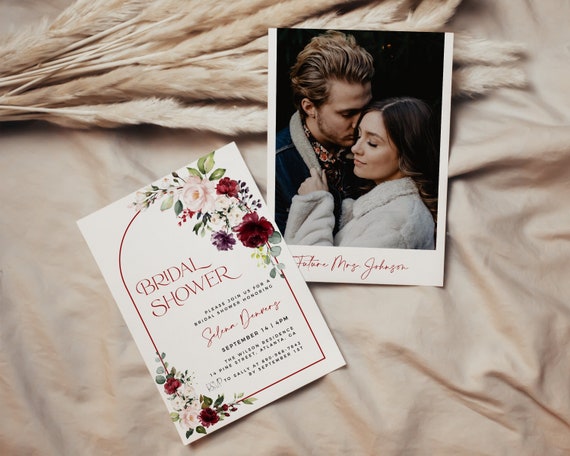 Burgundy Bridal Shower Invitation, Modern Arch Bridal Shower Invite, Editable Template, Burgundy Floral Bridal Invite, Garden Bridal Shower