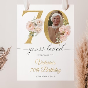 70 Jahre geliebt Zeichen, Floral 70. Geburtstag Willkommensschild, Willkommensschild mit Foto, bearbeitbare Vorlage, 70. Geburtstag Dekorationen für Frauen